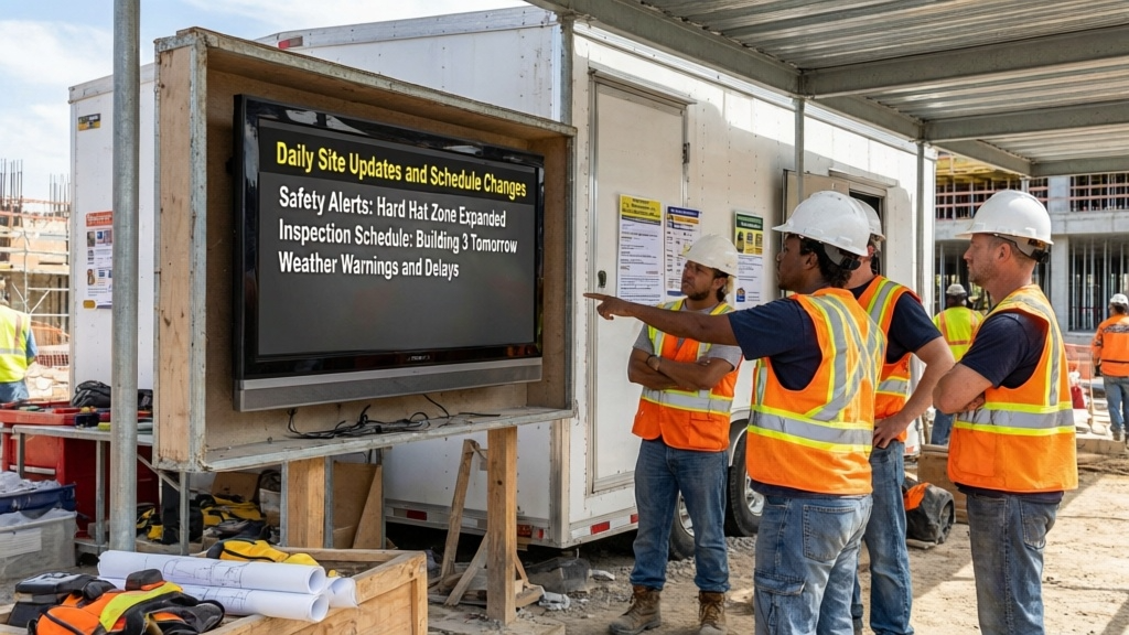 Construction site digital message board for worker communications and safety