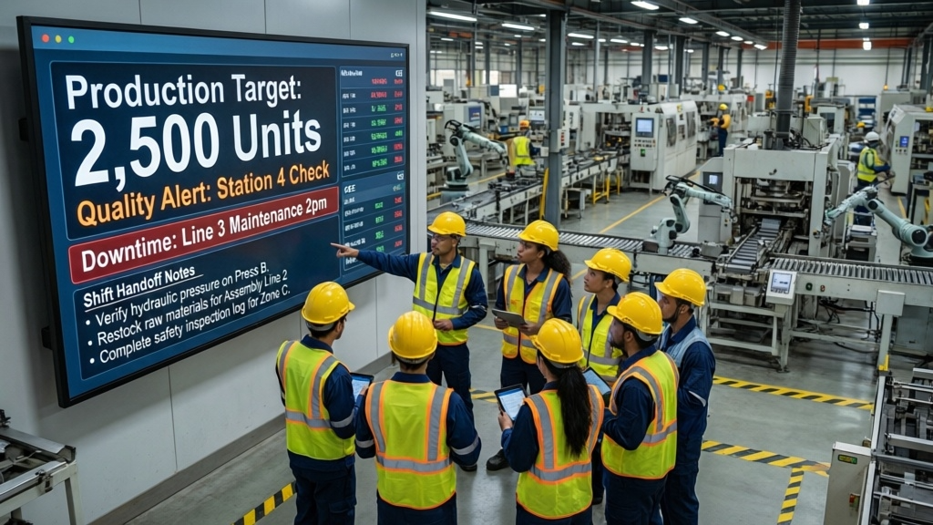Factory floor digital signage displaying production metrics and safety messages